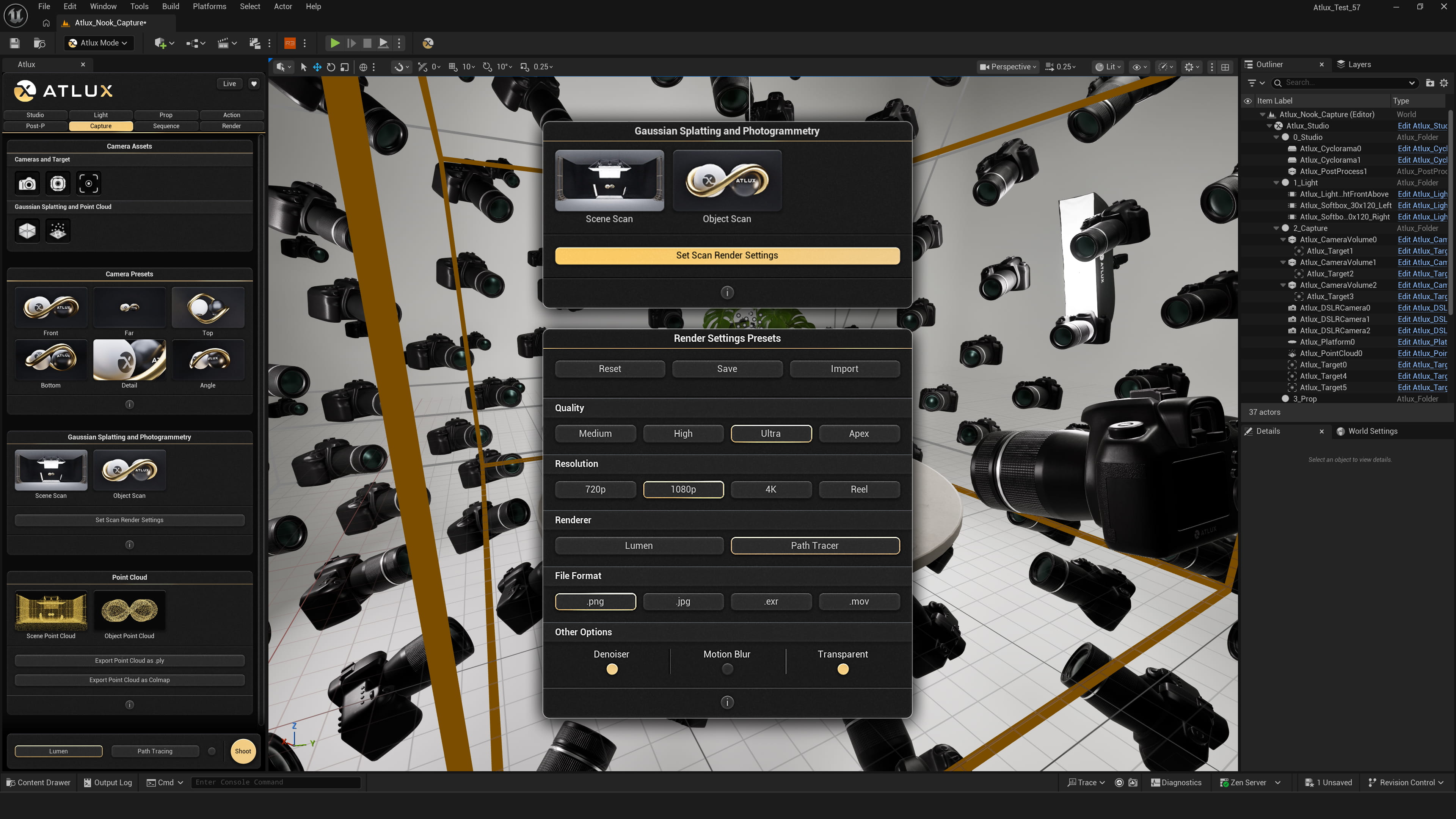 Atlux Gaussian Splatting render settings panel in Unreal Engine